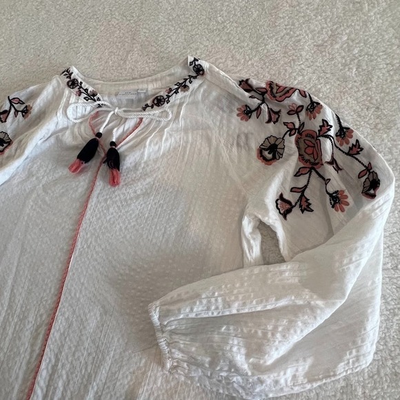 Boho Peasant Blouse New Directions White Cotton Embroidered Tassel Top L - Picture 5 of 10